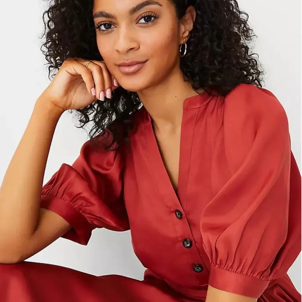 Ann Taylor Puff Sleeve Tie Waist Shirtdress In Bronze Red V-Neck Size Small - Picture 4 of 14